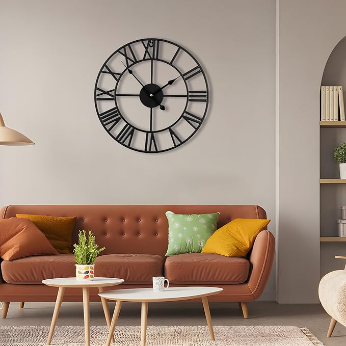 20inch/50cm Large Wall Clocks for Living Room Decor,Modern,Battery Operated,Silent,Non Ticking,Big Black Round Wall Clock for Home,Farmhouse,Office,Decoration(Iron Roman Numerals, 20 inches)