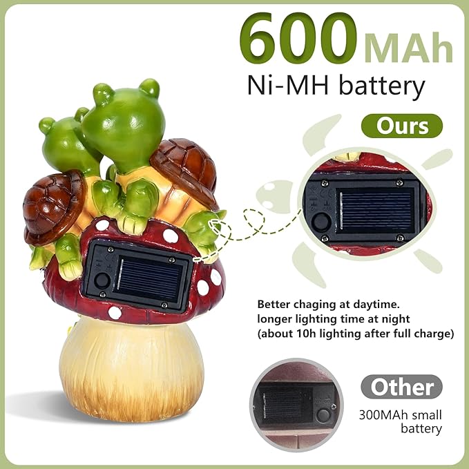 Solar Light Turtle Garden Statue, Turtle on Mushroom Figurine, Lovely Tortoise Garden Statue with 5 LED Lights for Patio, Balcony, Yard, Housewarming, Lawn Ornament, Outdoor Lawn Decor