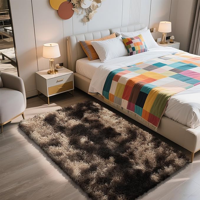 Shag Area Rug for Bedroom 3x5,Fluffy Area Rugs for Living Room,Soft Fuzzy Rug Non-Shedding Indoor Plush Carpet for Kids Bedroom Nursery Dorm Home Decor,Tie-Dyed Coffee