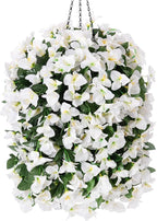 Artificial Bougainvillea Faux Flowers Plants Baskets for Outdoor Outside Summer Decoration, 3 PCS Fake Silk Long Hanging Vines UV Resistant Realistic for Front Door Porch Patio Balcony, White