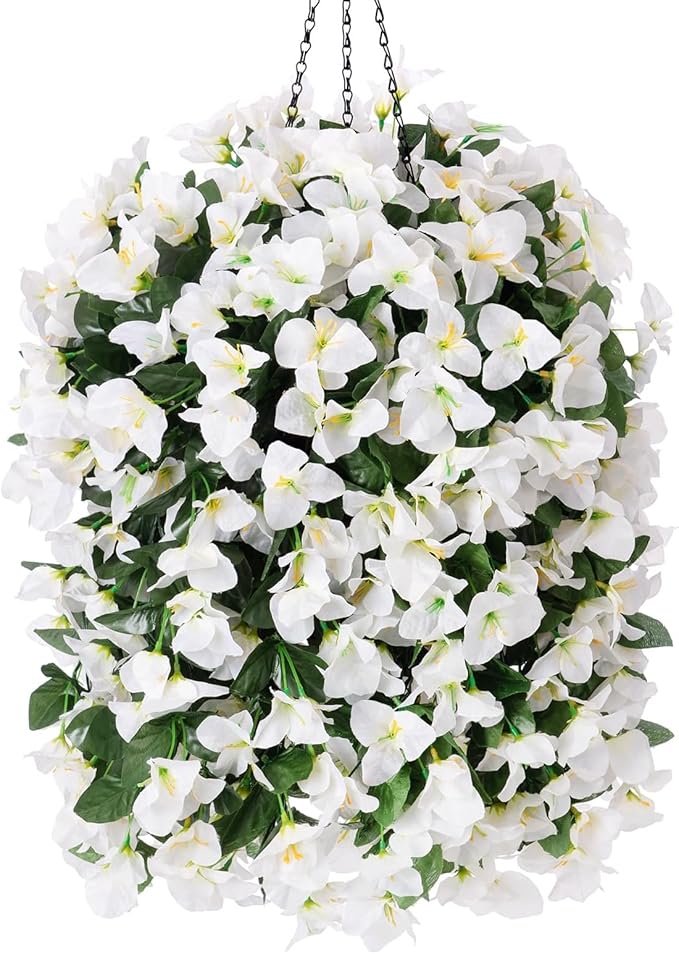 Artificial Bougainvillea Faux Flowers Plants Baskets for Outdoor Outside Summer Decoration, 3 PCS Fake Silk Long Hanging Vines UV Resistant Realistic for Front Door Porch Patio Balcony, White