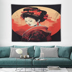 Japanese Woman Geisha Tapestry Asian Cherry Blossom Red Sun Traditional Kimono Folk Tapestries Home Decor for Living Room Bedroom Apartment Farmhouse Dorm 80"x60"
