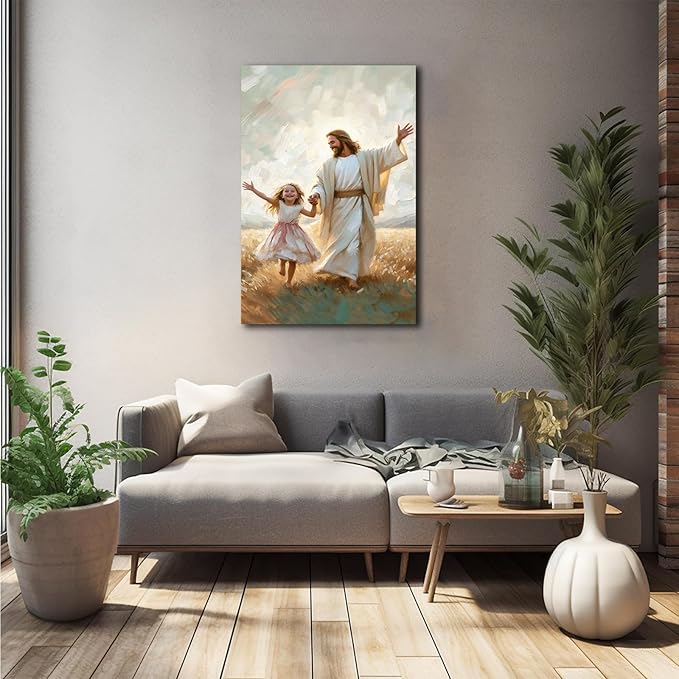 XWNLTEPK Dancing Day Christian Painting Jesus With Girl Christian Wall Art Bible Jesus Dancing With Little Girl Print Canvas Wall Art Poster