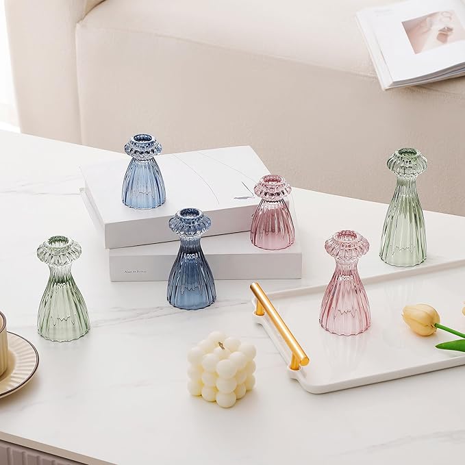 Lysenn Glass Candle Stick Holder Set of 6 – Premium Taper Candle Holders for Romantic Ambiance - Candle Sticks Holder Decor for Special Occasions - Green