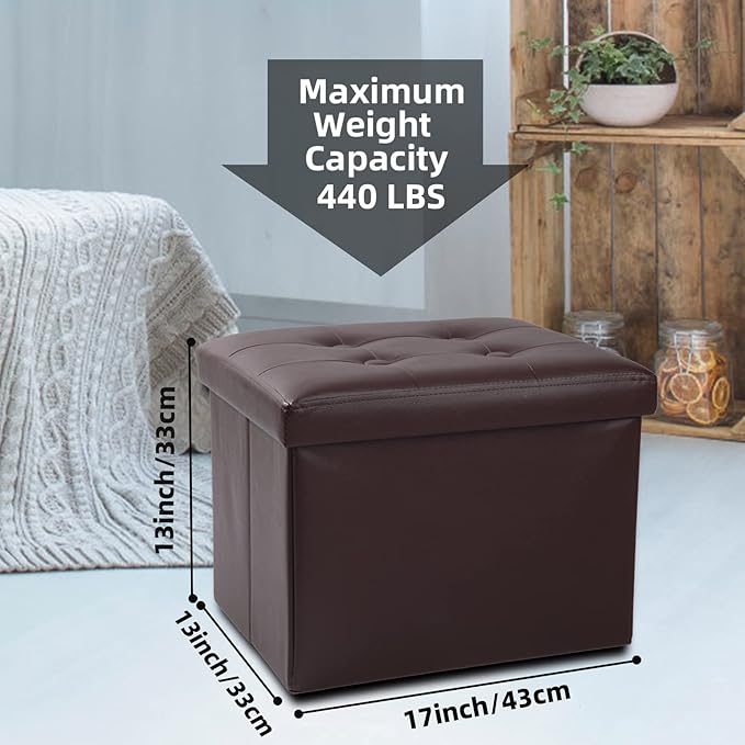 ALASDO Brown Leather Storage Ottoman Footrest Stool, 17x13x13inches, Modern Style