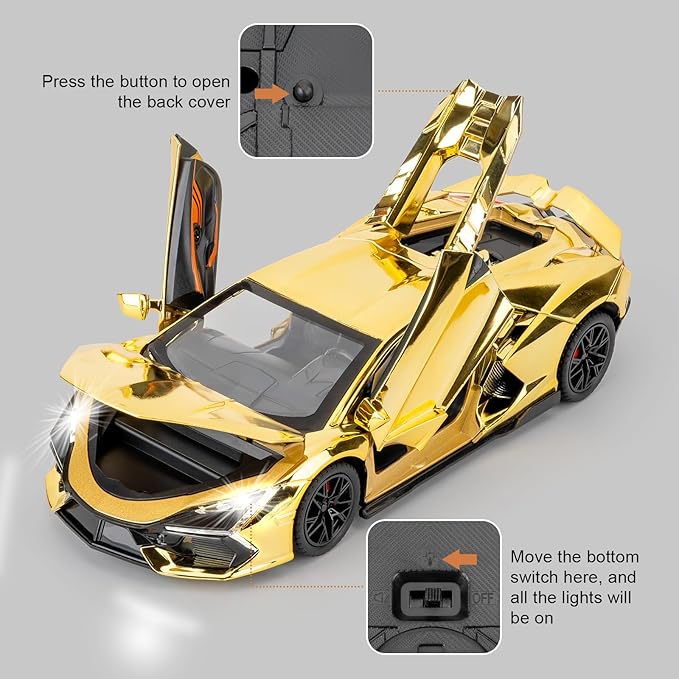 1/24 Scale Gold Lambo Revuelto Diecast Car Model, Collectible Diecast Toy Car with Lights and Sounds, Pull Back Vehicles Toy for Adults Kids Birthday Gifts Decoration