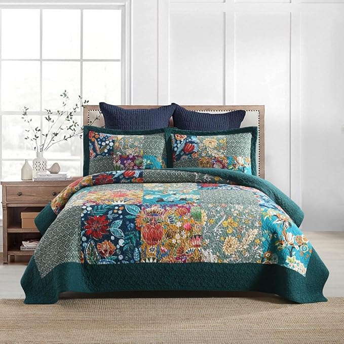 ENASAL Cotton Bedspread Quilt Sets Reversible Bedding Coverlet Sets Comforters, Patchwork Vintage Floral Turquoise Bedspread, King Size