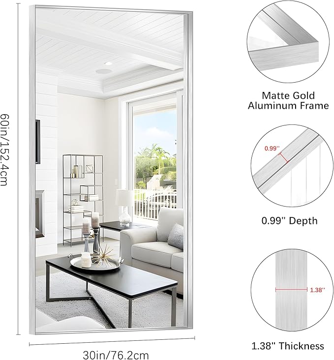 Silver Bathroom Mirror, 30x60 Inch Rectangular Deep Frame Mirror, Large Wall Mounted Bathroom Vanity Mirror Over Sink for Bedroom,Restroom, Living Room, Hangs Vertically or Horizontally