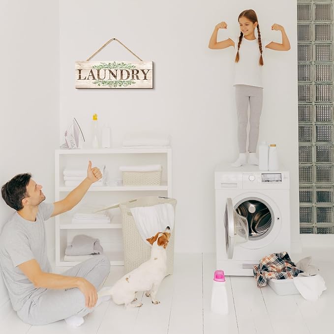 Laundry Sign Wall Decor, Kitchen Wall Art with Plant Print, Rustic Farmhouse Wall Hanging Plaque Home Kitchen Decorative (Laundry), 4.7 x 13.7 inches