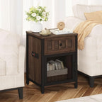 FATORRI End Table with Charging Station, Farmhouse Side Table with Drawer, Rustic Wood and Metal Nightstand and Bedside Tables for Living Room (Rustic Brown)