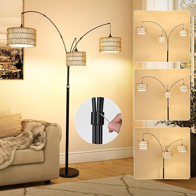 Airposta Black Arc Floor Lamps for Living Room, Farmhouse Boho Floor Lamp for Bedroom, Industrial Standing Lamp for Office, Dimmable Tall Lamp with Rattan Lampshades, Reading Arched Light