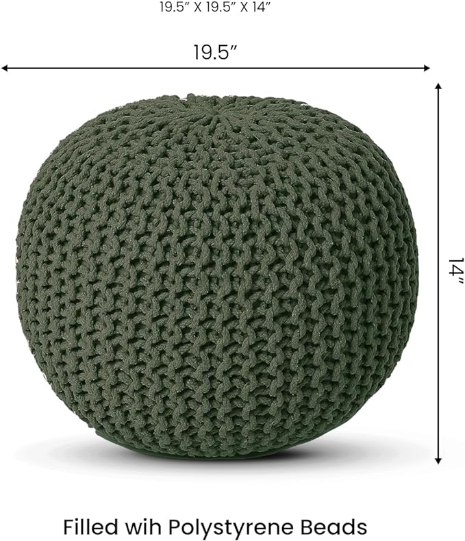 REDEARTH Round Hand Knitted Pouf - Foot Stool Bean Bag Ottoman - Cord Boho Pouffe - Poof Accent Beanbag Footrest for Living Room - Bedroom - Patio - Lounge (19.5"x19.5"x14") - Olive