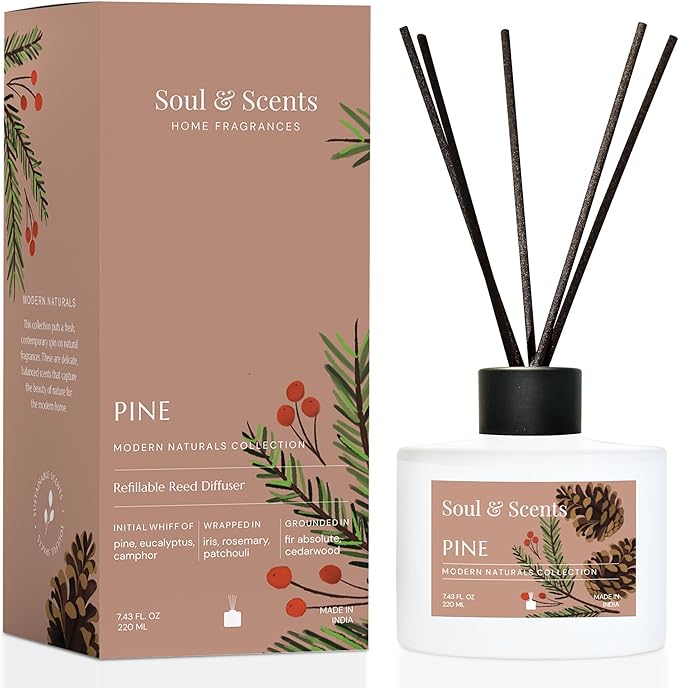 Soul & Scents Reed Diffuser Set – Pine | 7.43 oz Refillable Scented Oil with 6 Fiber Sticks | Long-Lasting Home Fragrance & Air Freshener for Bedroom, Bathroom, Office | Gift & Décor Piece