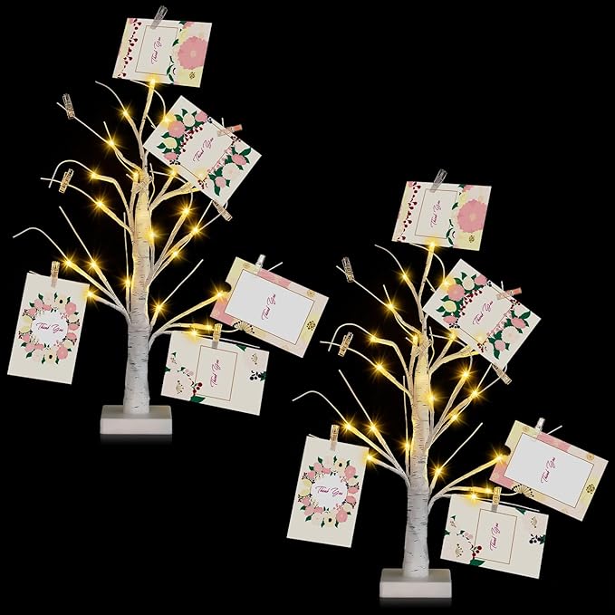 Retisee 2 Pieces Money Tree Gift Card Holder with 12 Clips & 24 LED Lighted Tips 23" White Birch Money Tree for Cash Memo Photo Picture Tabletop Display Christmas Birthday Party Wedding Gifts