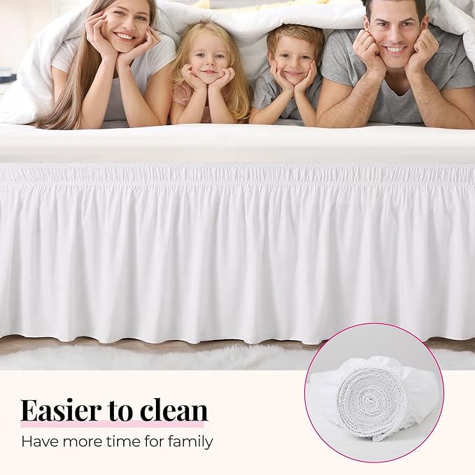 RIMELA Bed Skirt Wrap Around Elastic Dust Ruffles Solid Color Wrinkle and Fade Resistant with Adjustable Elastic Belt Easy to Install White for King & California King Size 18 Inch Drop
