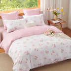 Floral Comforter Set King Size - 3 Pieces Pink White Floral Tulips Bow Comforter Bedding Sets Reversible Pattern,King Bed in a Bag with Flowers Comforter and 2 Pillowcases