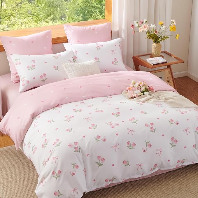 Floral Comforter Set King Size - 3 Pieces Pink White Floral Tulips Bow Comforter Bedding Sets Reversible Pattern,King Bed in a Bag with Flowers Comforter and 2 Pillowcases