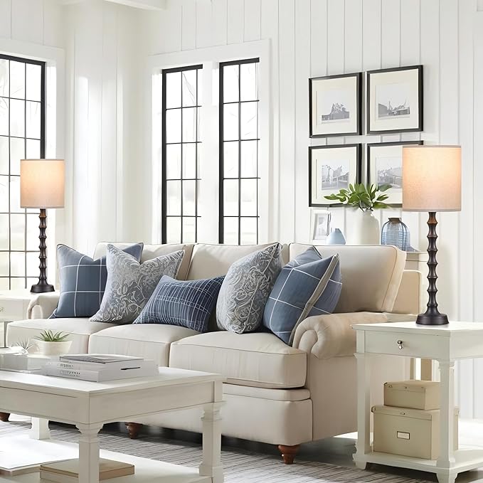 30.5" Rustic Buffet Table Lamps for Living Room Set of 2, Farmhouse Table Lamps for Buffet Set of 2, Oil Rubbed Bronze Candlestick Lamps with Linen Oatmeal Lampshade, Vintage Tall Skinny Lamps