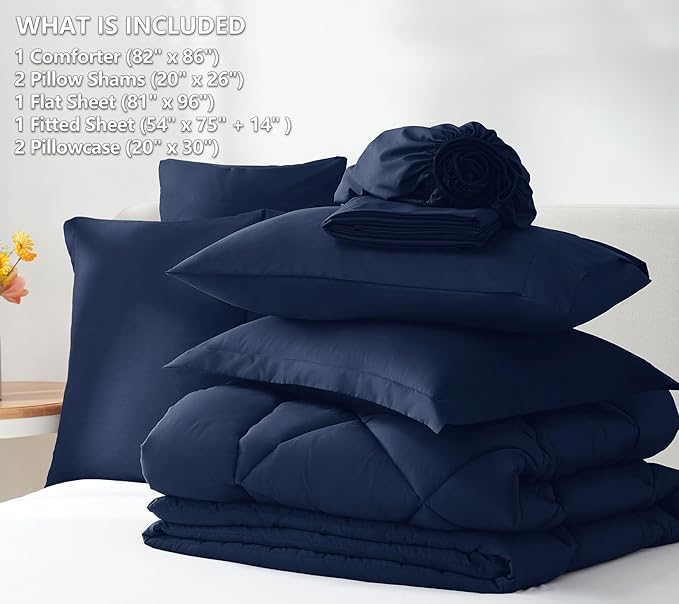 CozyLux Full Size Comforter Sets Navy Blue - 7 Pieces Bed in a Bag Full, Luxury Soft Bed Set for All Seasons, Bedding Set with Down Alternative Comforter, Sheets, Pillowcases & Shams