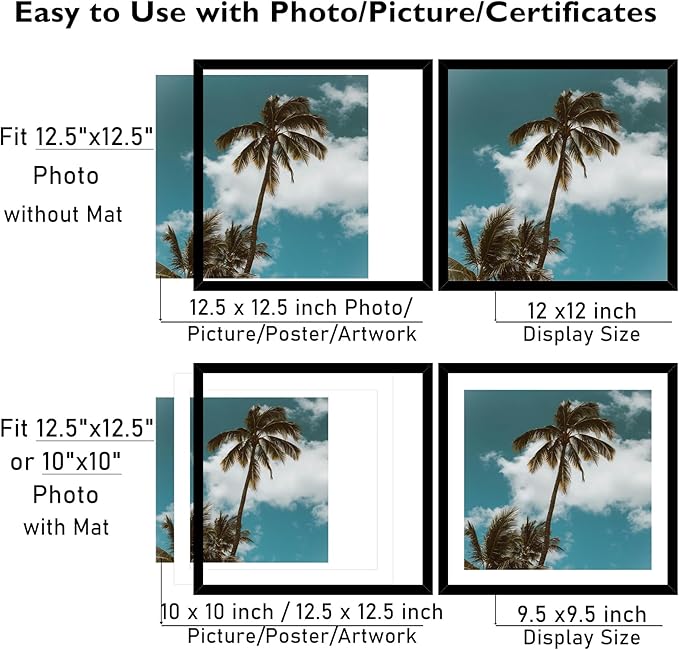 12 Pack 12.5x12.5 Record Frame with 10x10 Mat for Vinyl Record Album Cover Poster, Display Photo 10x10 with Mat or 12.5 x 12.5 Without Mat, Wall Hanging Vinyl Frames, 12 Pack, Black