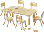 Brelley Kids Table and 6 Chairs Set, Height Adjustable Toddler Desk and Chair Set, Graffiti Desktop, Classroom/Daycare/Home, Children Multi-Activity Table for Ages 2-8