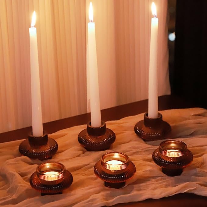 VOHO Brown Candlestick Holders Set of 6, Old Fashioned Candle Sticks Holder Decor for Daily Room/Halloween/Thanksgiving Party, Double Side Taper Candle Holders for Candlesticks/Tealight Candles(Brown)