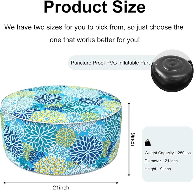 Inflatable Ottoman Stool D21 xH9 for Outdoor/Indoor Use, Water Repellent Patio Foot Rest Stool with Portable Handle,Round Pouf Ottoman Suitable for Garden,Deck and Camping - Dahlia Blue
