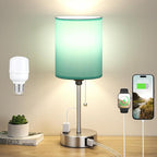 Teal Bedside Lamp for Nightstand - 3 Color Temperature Table Lamp with USB C and A Ports, Pull Chain Lamp for Bedroom with AC Outlet, Coastal Desk Lamp with Silver Metal Base for Kids Girls