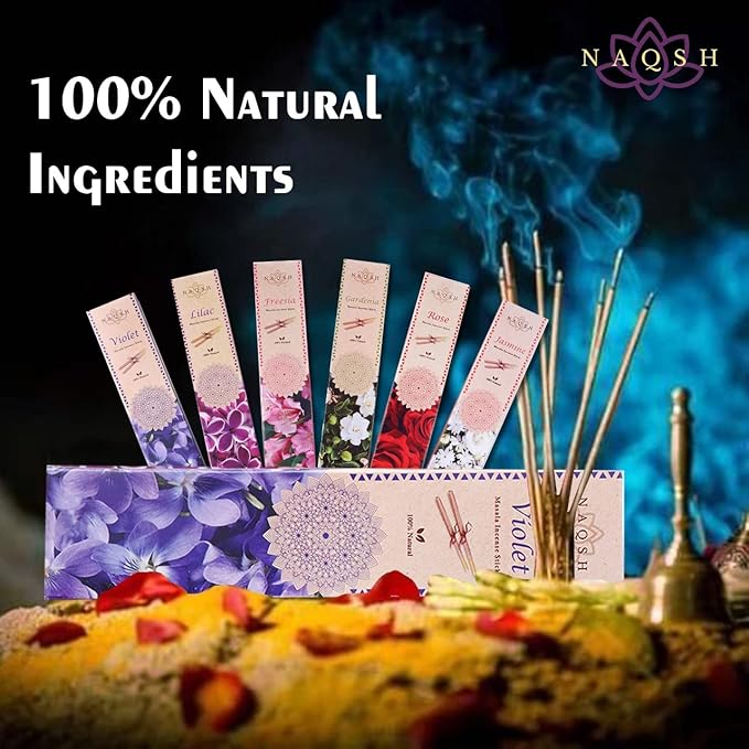 NAQSH Incense Sticks with Wooden Burner Natural Relaxing | Aromatherapy Incense for Air Purifier, Mind & Spirit & Ritualistic Fragrance | Gift Set (Set of 6 Packs - Total 120 Sticks) (Assorted 6)