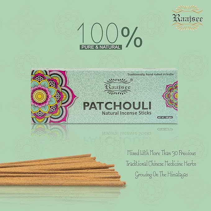 Raajsee Patchouli Incense Sticks 100 gm Pack-100% Pure Organic Natural Hand Rolled Free from Chemicals-Perfect for Church,Aromatherapy,Relaxation,Meditation,Positivity & Sensual Therapy
