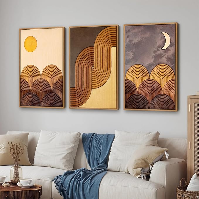 Tinonedraw Mid Century Modern Framed Canvas Wall Art Set, Boho Minimalist Geometric Wall Decor, Bohemian Sun and Moon Art Paintings, Beige Brown Wooden Artwork for Living Room Bedroom Office 24"x36"x3