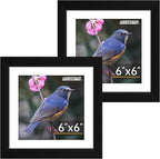 FIXSMITH 6x6 Picture Frame Set of 2, Photo Frame with HD Plexiglass, Display Pictures 4x4 with Mat or 6x6 Without Mat Multi Picture Frames Collage for Tabletop or Wall Display, Black