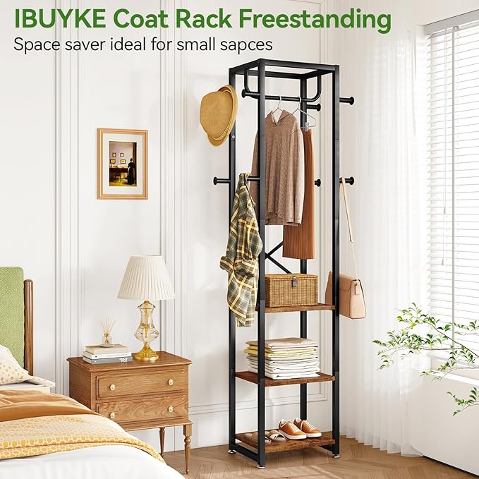 IBUYKE Coat Rack with Shelves, Freestanding Hall Tree with 3 Shelves and 8 Hooks, Industrial Clothes Stand for Entryway, Hallway, Bedroom, Rustic Brown UTMJ088H