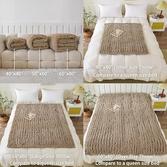 WESHIONGOO Chunky Knit Blanket Throw 40"×40" Knitted Throw Blankets for Couch Bed Fluffy Soft Blanket with Jumbo Chenille Yarn Thick 100% Handmade (Brown)