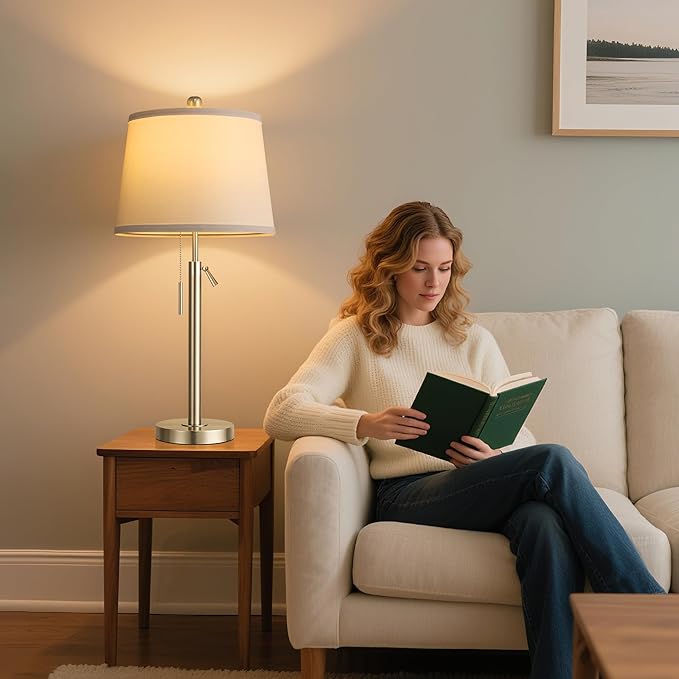 PARTPHONER Bedside Lamps Set of 2, Tall Table Lamps for Living Room, Height Adjustable Nightstand Lamps for Bedroom Office, Modern End Table Lamps with Pull Chain(LED Bulbs Included), Sand Nickel