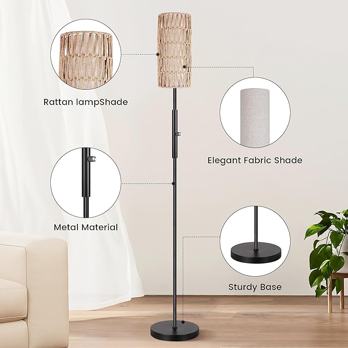 PARTPHONER Boho Floor Lamp for Living Room with 3 Color Temperatures LED Bulb, Standing Lamp Tall Lamp Reading for Bedroom, Office, Kids Room (9W LED Bulb, Rattan & Fabric Shades Included)