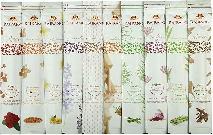 RAJRANG Hand Rolled Natural Incense Sticks - Pack of 10 with Scented Flavors, Nag Champa, Sandalwood, Lavender, Oudh, Favorite, Rose, Frankincense, Lemongrass, Citronella, Saffron