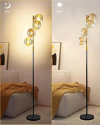 Lightdot 64IN Dimmable Floor Lamp with Glass Globe Shade, Modern Gold &Black Standing Lamps with 4PCS 3000K G9 Bulbs Soft Warm White Eye Care, Mid Century Floor Lamp for Living Room Bedroom