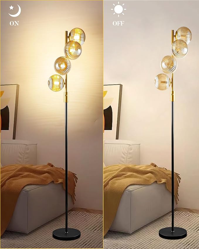 Lightdot 64IN Dimmable Floor Lamp with Glass Globe Shade, Modern Gold &Black Standing Lamps with 4PCS 3000K G9 Bulbs Soft Warm White Eye Care, Mid Century Floor Lamp for Living Room Bedroom