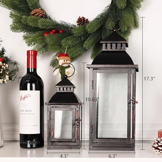 NEEDOMO Lanterns Decorative Outdoor&Indoor, Set of 2 Large Bronze Metal Lantern Decor with Glass, Candle Holder for Porch, Patio, Garden, Balcony, Wedding, Table Centerpiece Decorations