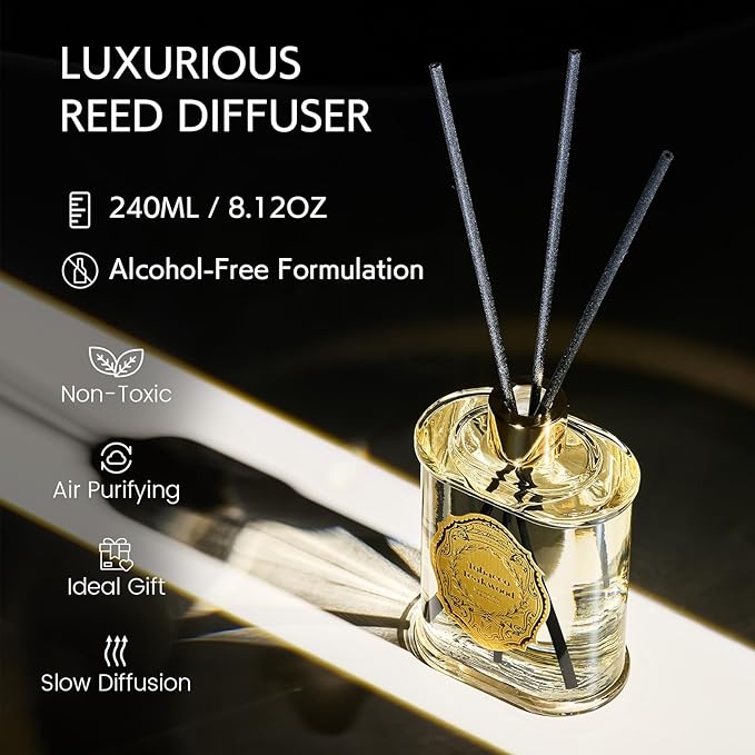 M&SENSE 8.4 oz Large Reed Diffuser for Home |Tobacco Teakwood Scent Home Oil Diffuser with Sticks | Bedroom Bathroom Living Room Decor
