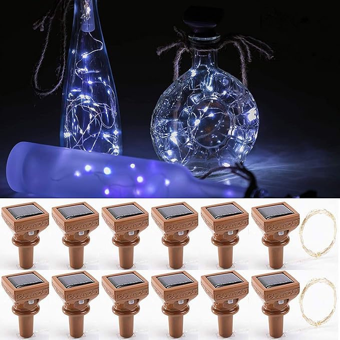 YJFWAL Upgraded 12 Pack Solar Wine Bottle Lights, 20 LEDs Waterproof Copper Light, Bottle Light Fairy Cork String Lights for Yard Patio Decor, DIY Birthday Gift for Mom Grandma Girlfriend(Cool White)