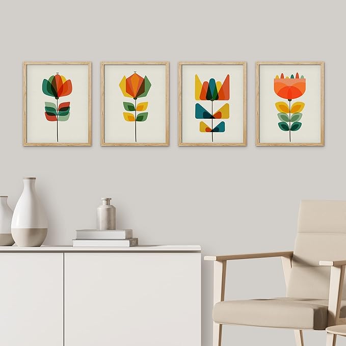 SIGNWIN Framed Mid-Century Modern Retro Botanical Flower Garden Wall Art, Set of 4 Abstract Geometric Wall Decor Prints, Nature Wilderness Wall Décor for Living Room, Bedroom - 12"x16" Natural
