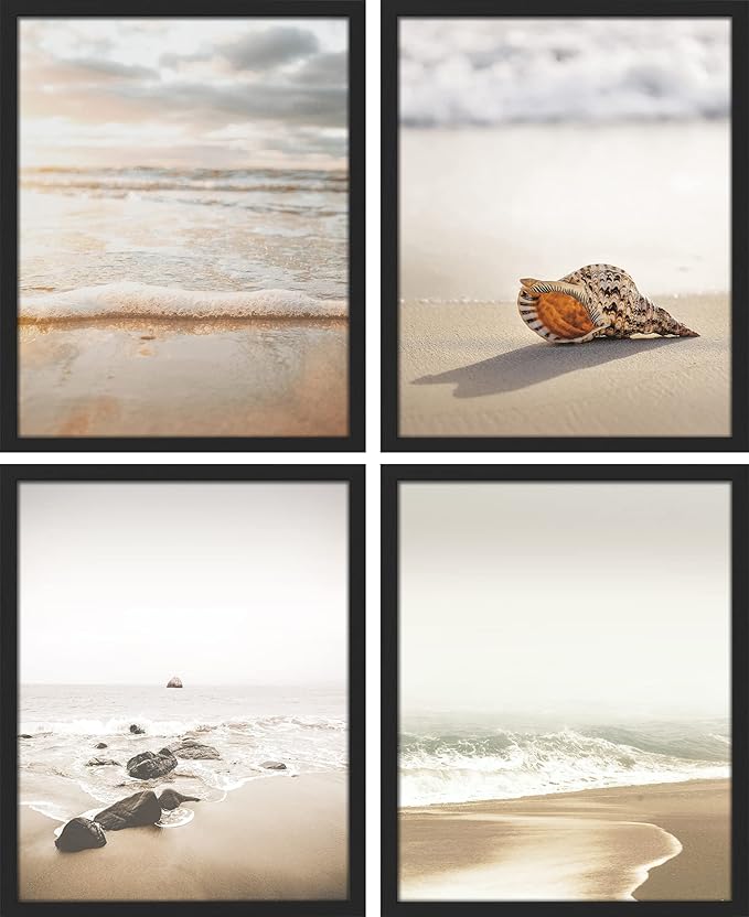 SIGNWIN Framed White Minimal Beach Shore Ocean Sea Seashell Wall Art, Set of 4 Landscape Colorful Wall Decor Prints, Nature Wilderness Wall Décor for Living Room, Bedroom - 11"x14" Black