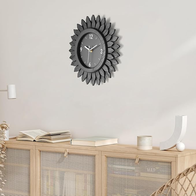 Honiway Wall Clock Battery Operated 12 Inch Rustic Wooden Boho Sunburst Decorative Wall Clock Silent Non-Ticking Black Wall Decor Clocks for Living Room Kitchen Bathroom Bedroom (Black)