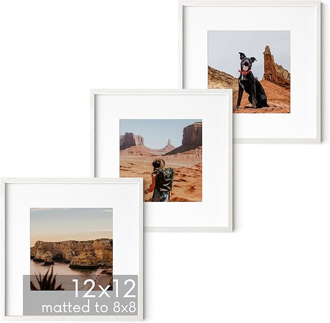 HAUS AND HUES Solid Oak Wood 12”x12” Picture Frames Matted to 8”x8” Set of 3 - Square White Frames 12x12, White Frame with Mat, 12 x 12 Frames, Square Picture Frame 12x12, White Wood Frame