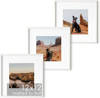 HAUS AND HUES Solid Oak Wood 12”x12” Picture Frames Matted to 8”x8” Set of 3 - Square White Frames 12x12, White Frame with Mat, 12 x 12 Frames, Square Picture Frame 12x12, White Wood Frame