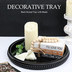 Round Black Wood Serving Tray with Beads, Wooden Decorative Tray for Entertaining, Decoration, and Gifting,