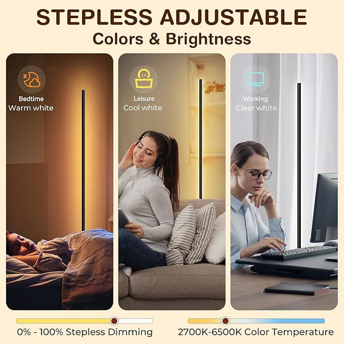 LED Corner Floor Lamp, Minimalist Dimmable Light with Remote, 2700-6500k Color Temperature Stepless Adjustable, 58 Inches Tall Standing Lamp for Living Room, Bedroom, Home Office, Black