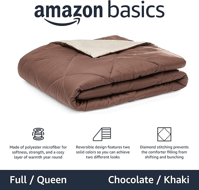 Amazon Basics Comforter Blanket Full/Queen, Reversible Lightweight Microfiber All Season Blanket, Chocolate/Khaki
